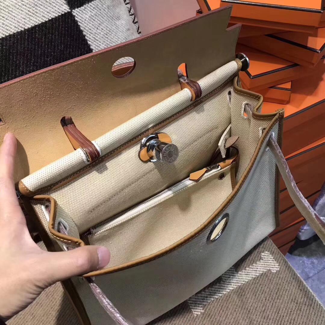 愛馬仕Hermes 牛皮配帆布 Herbag 31cm 奶昔白