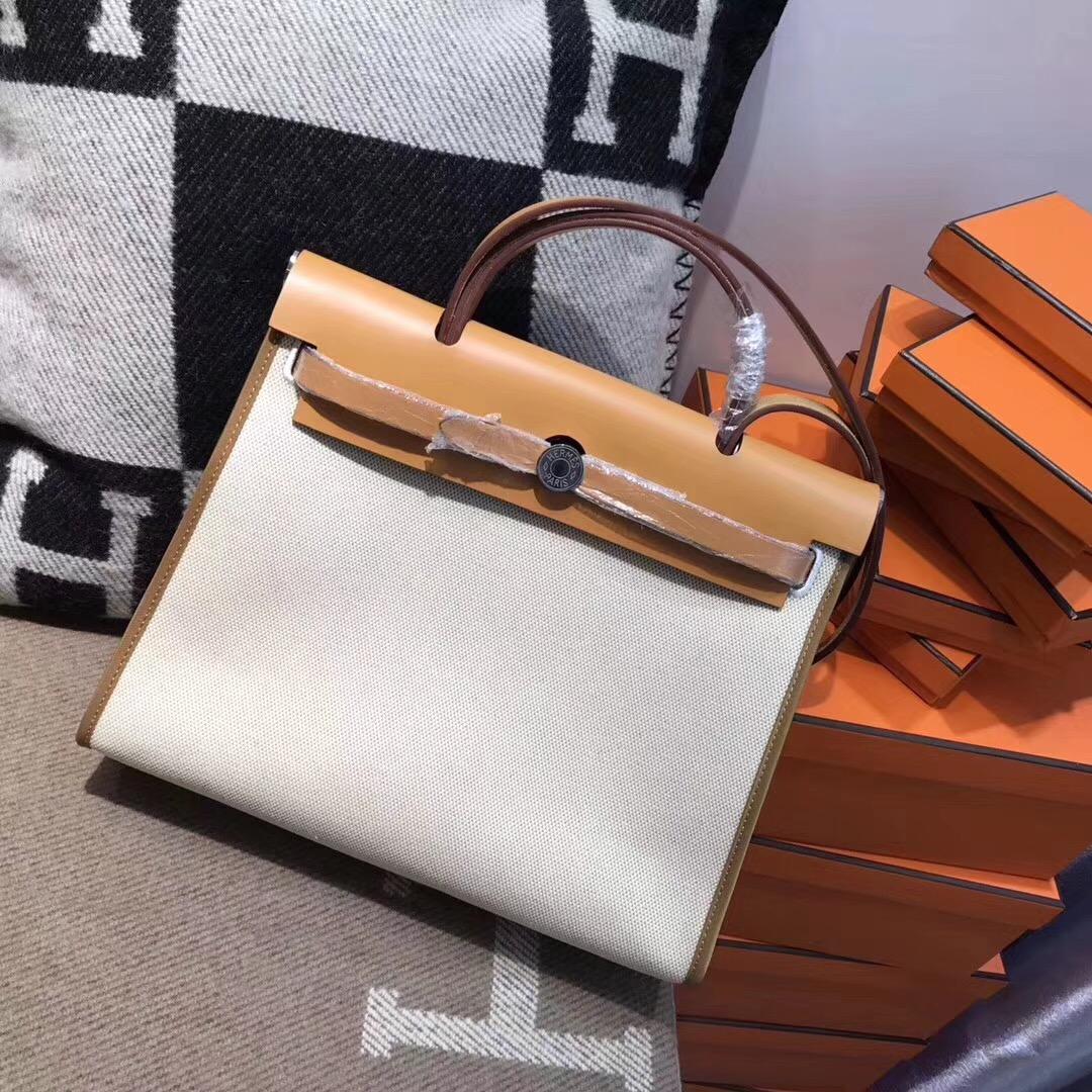 愛馬仕Hermes 牛皮配帆布 Herbag 31cm 奶昔白