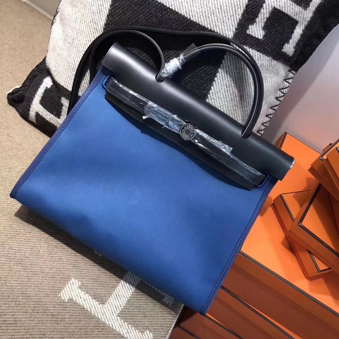 愛馬仕Herbag 31cm牛皮+帆布 瑪瑙藍 最具有學院派的包袋