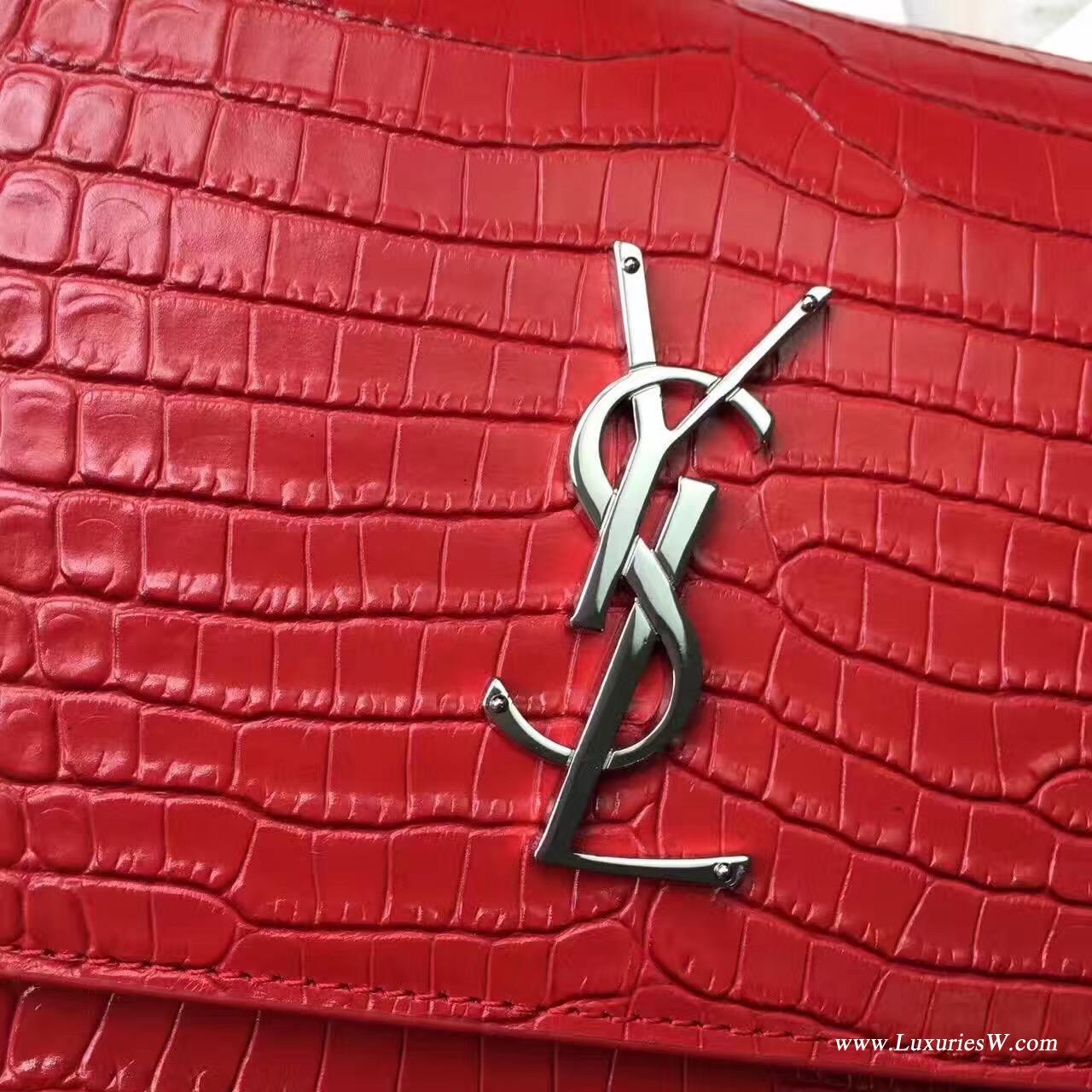 YSL中號SUNSET MONOGRAM SAINT LAURENT红色鱷魚壓紋真皮包