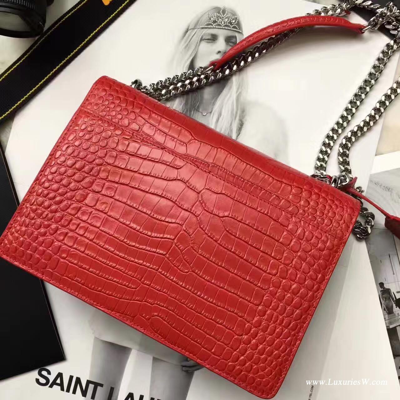 YSL中號SUNSET MONOGRAM SAINT LAURENT红色鱷魚壓紋真皮包