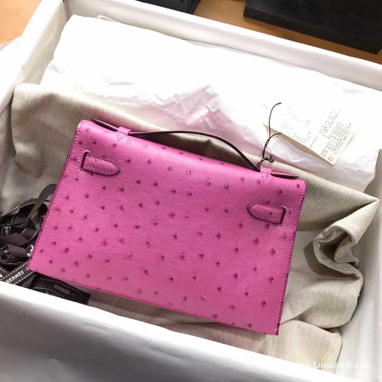 愛馬仕Hermes Minikelly壹代 Pochette鸵鸟E5 Rose Tyien 荧光粉色 金色金属