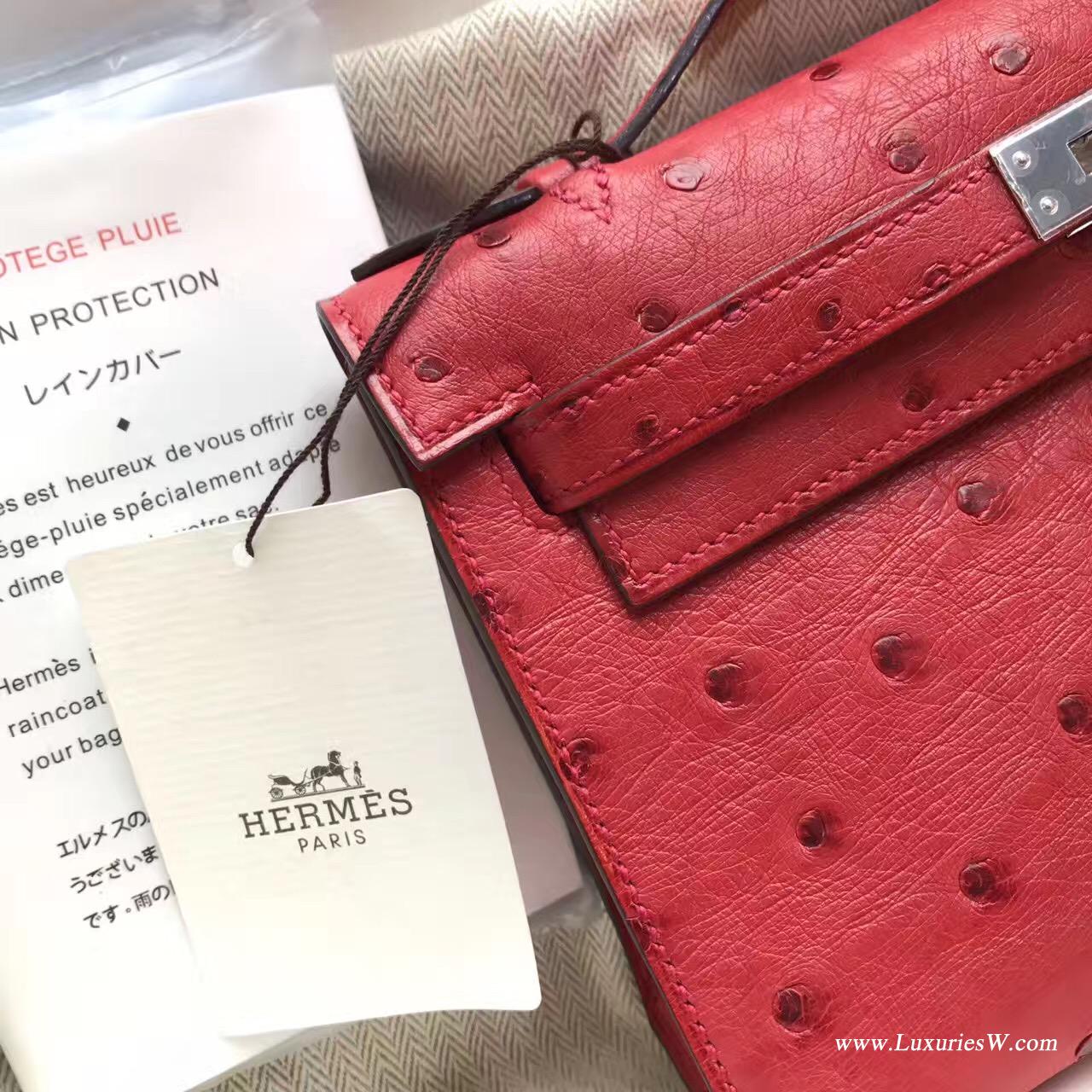 愛馬仕Hermes Minikelly壹代 Q5 Rouge Cossacks中国红鸵鸟 可爱迷人 银色金属