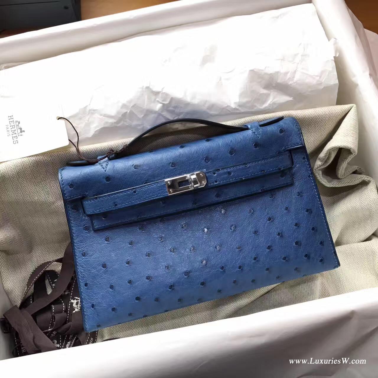 愛馬仕迷妳凱莉包 Hermes Mini Kelly Pochette 鸵鸟7C Cobalt珊瑚蓝银色金属