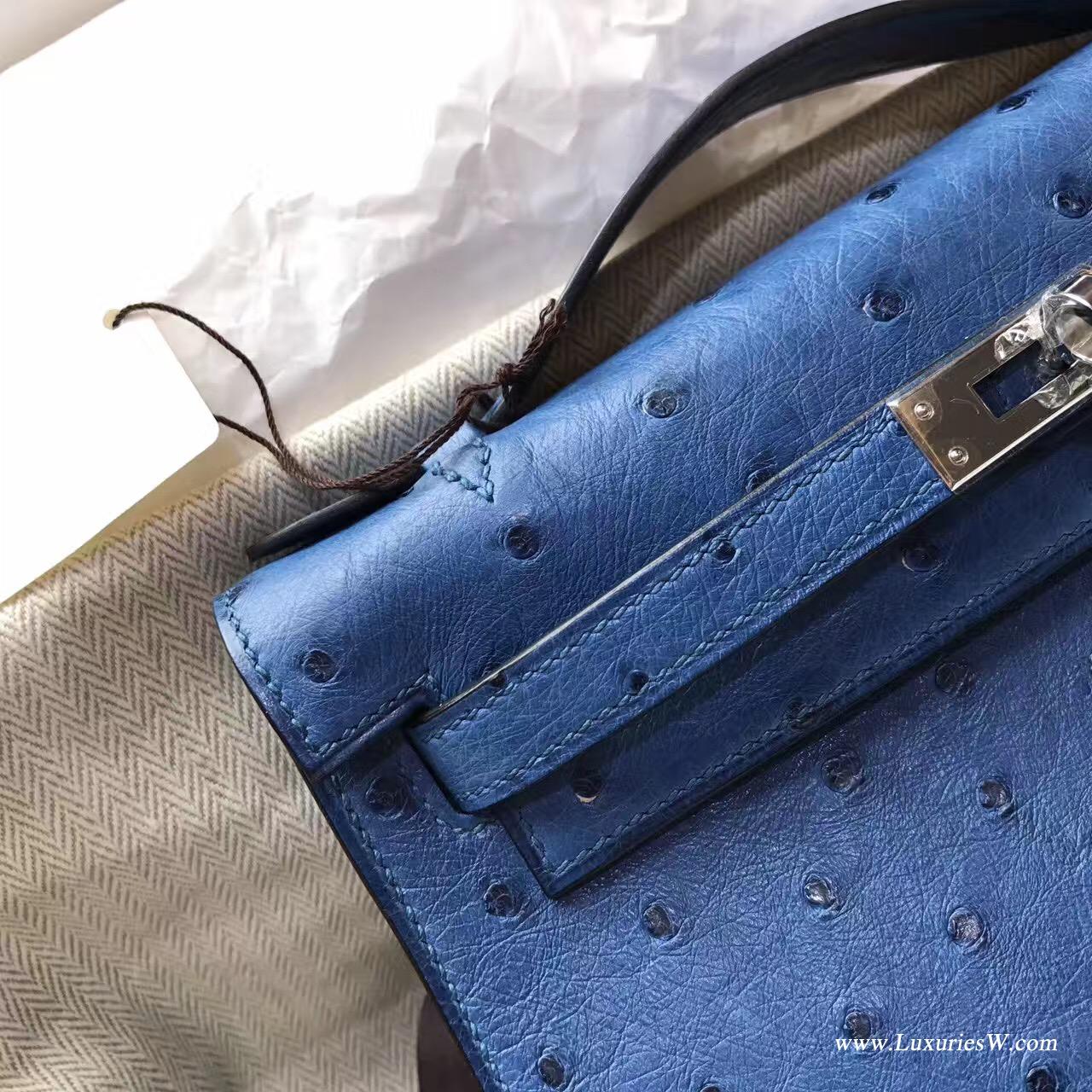 愛馬仕迷妳凱莉包 Hermes Mini Kelly Pochette 鸵鸟7C Cobalt珊瑚蓝银色金属