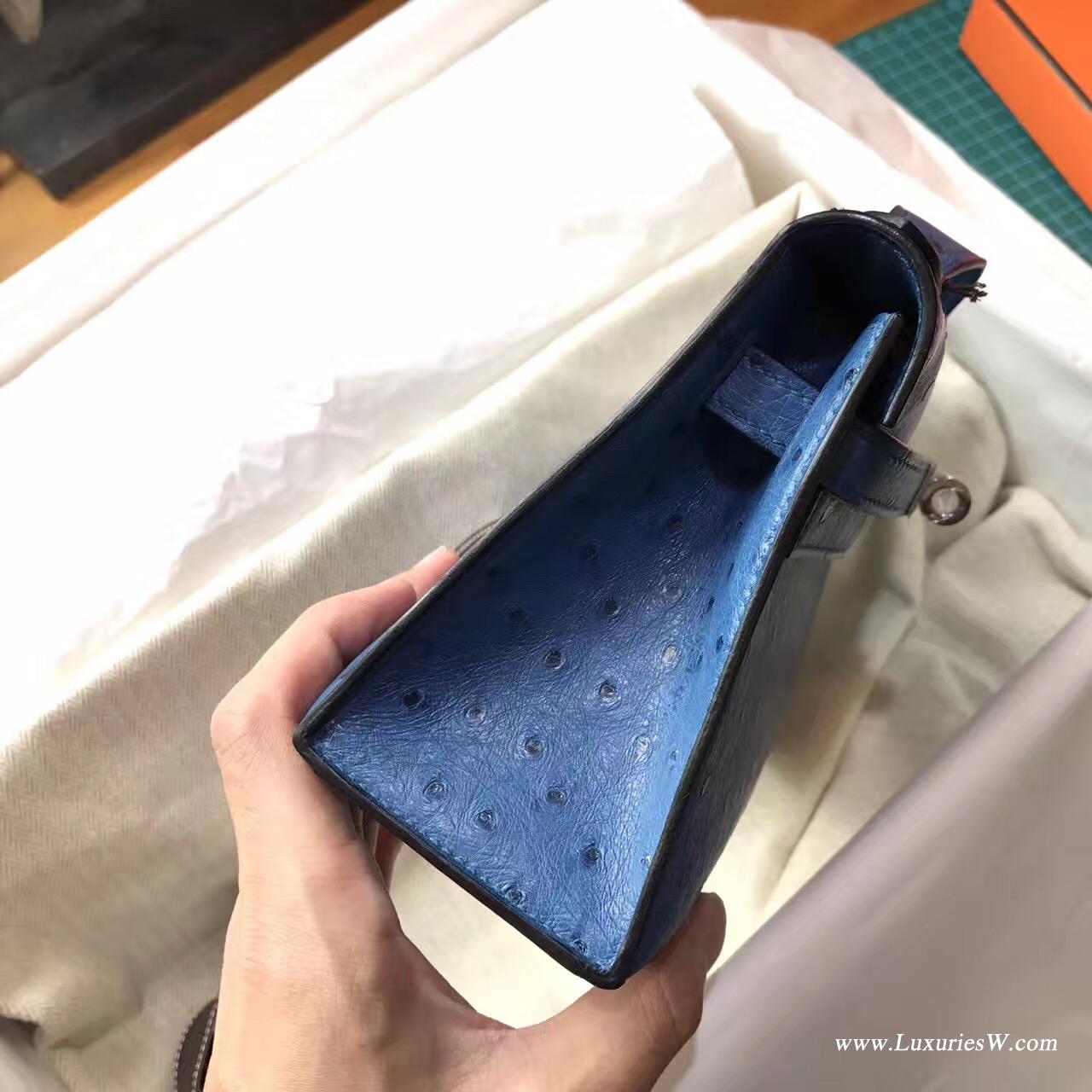 愛馬仕迷妳凱莉包 Hermes Mini Kelly Pochette 鸵鸟7C Cobalt珊瑚蓝银色金属