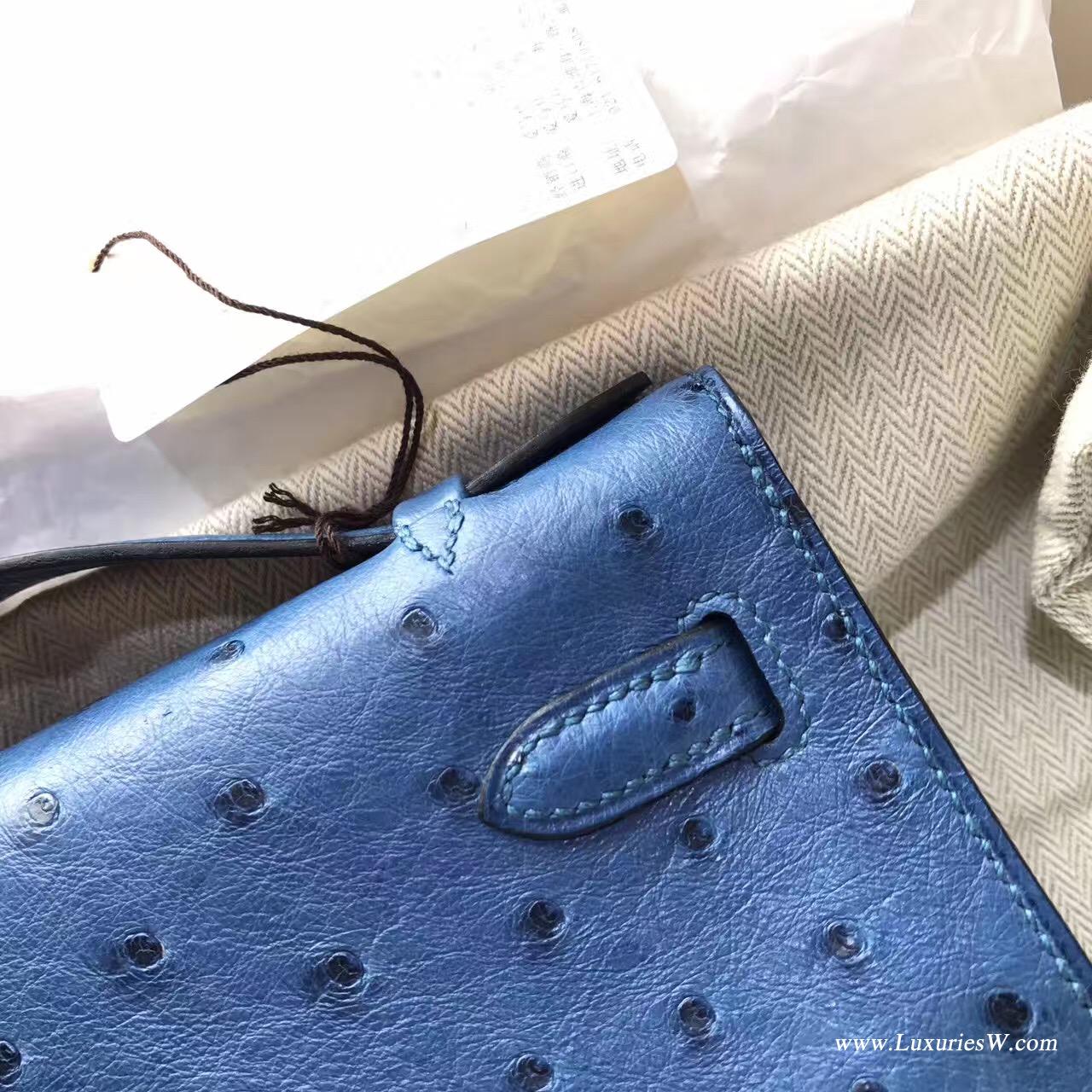 愛馬仕迷妳凱莉包 Hermes Mini Kelly Pochette 鸵鸟7C Cobalt珊瑚蓝银色金属