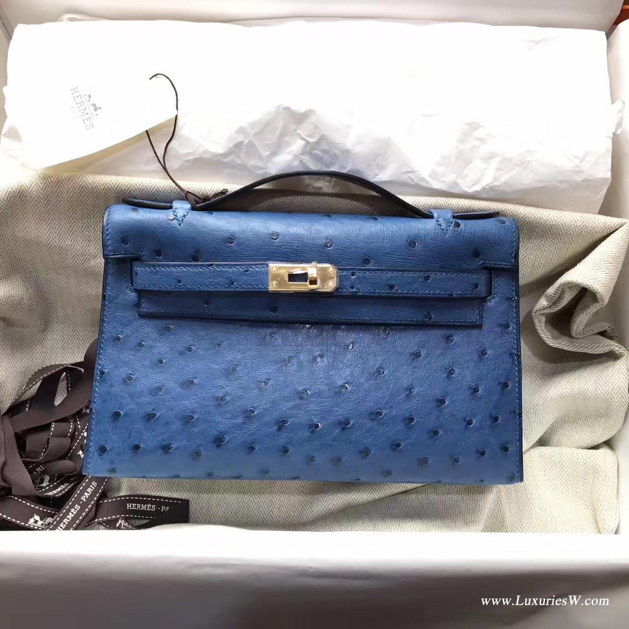 愛馬仕Hermes mini Kelly壹代 Pochette 鸵鸟7C Cobalt珊瑚蓝低调的蓝色 金色金属