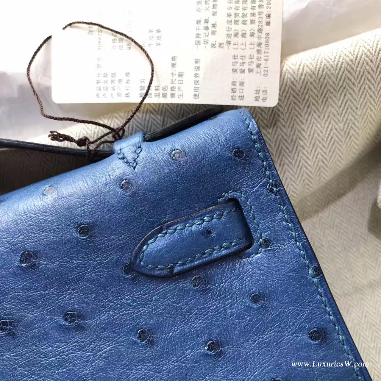 愛馬仕Hermes mini Kelly壹代 Pochette 鸵鸟7C Cobalt珊瑚蓝低调的蓝色 金色金属