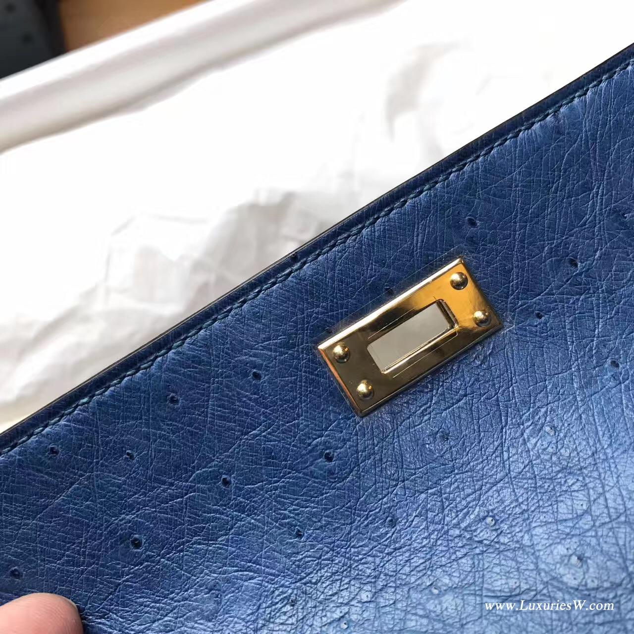 愛馬仕Hermes mini Kelly壹代 Pochette 鸵鸟7C Cobalt珊瑚蓝低调的蓝色 金色金属