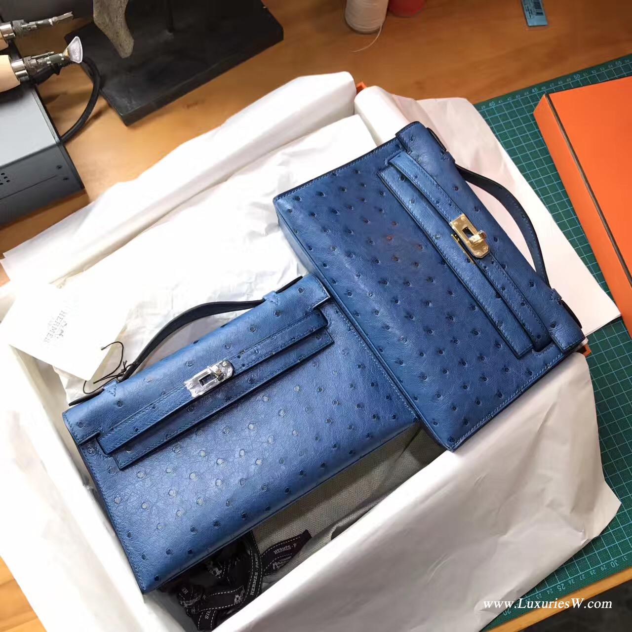 愛馬仕Hermes mini Kelly壹代 Pochette 鸵鸟7C Cobalt珊瑚蓝低调的蓝色 金色金属