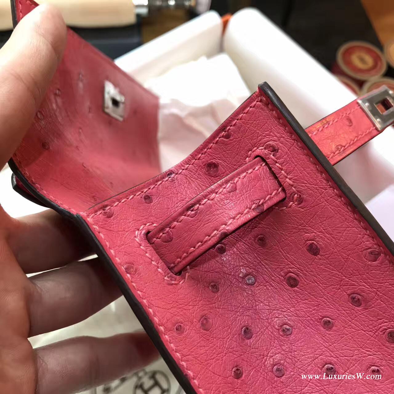 愛馬仕Hermes mini Kelly壹代 鸵鸟新颜色8W Rose Azalee新唇膏粉色 银色金属