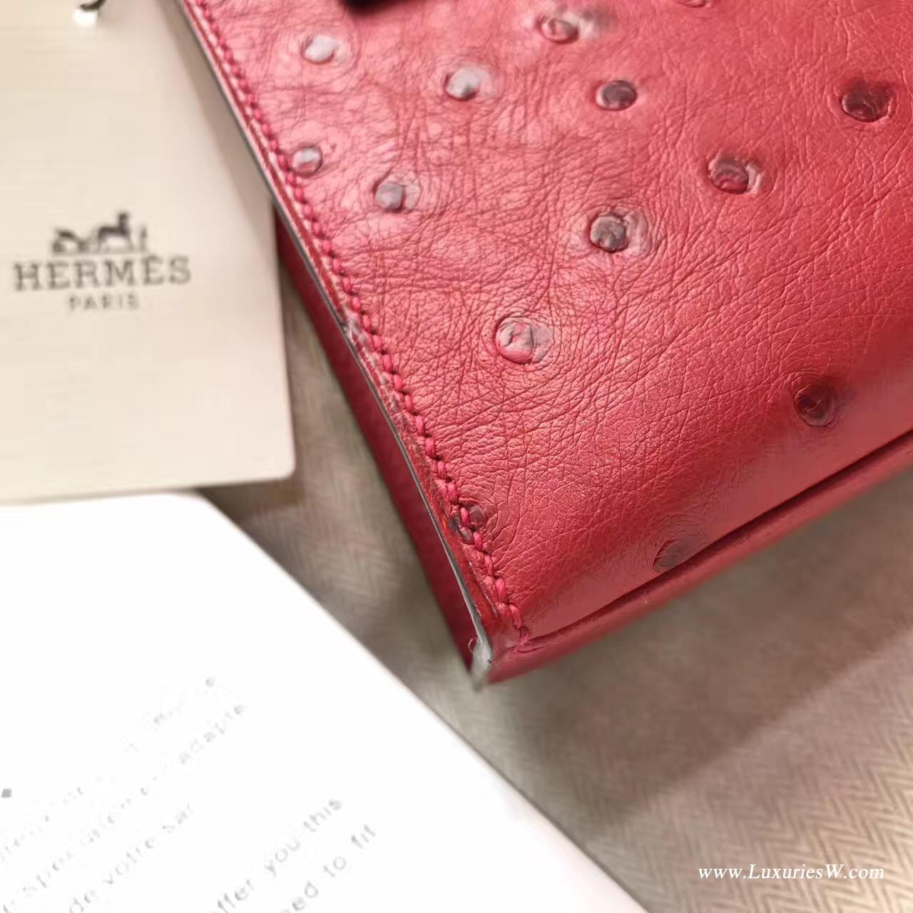 愛馬仕Hermes Minikelly壹代 Q5 Rouge Cossacks中国红鸵鸟 可爱迷人 金色金属