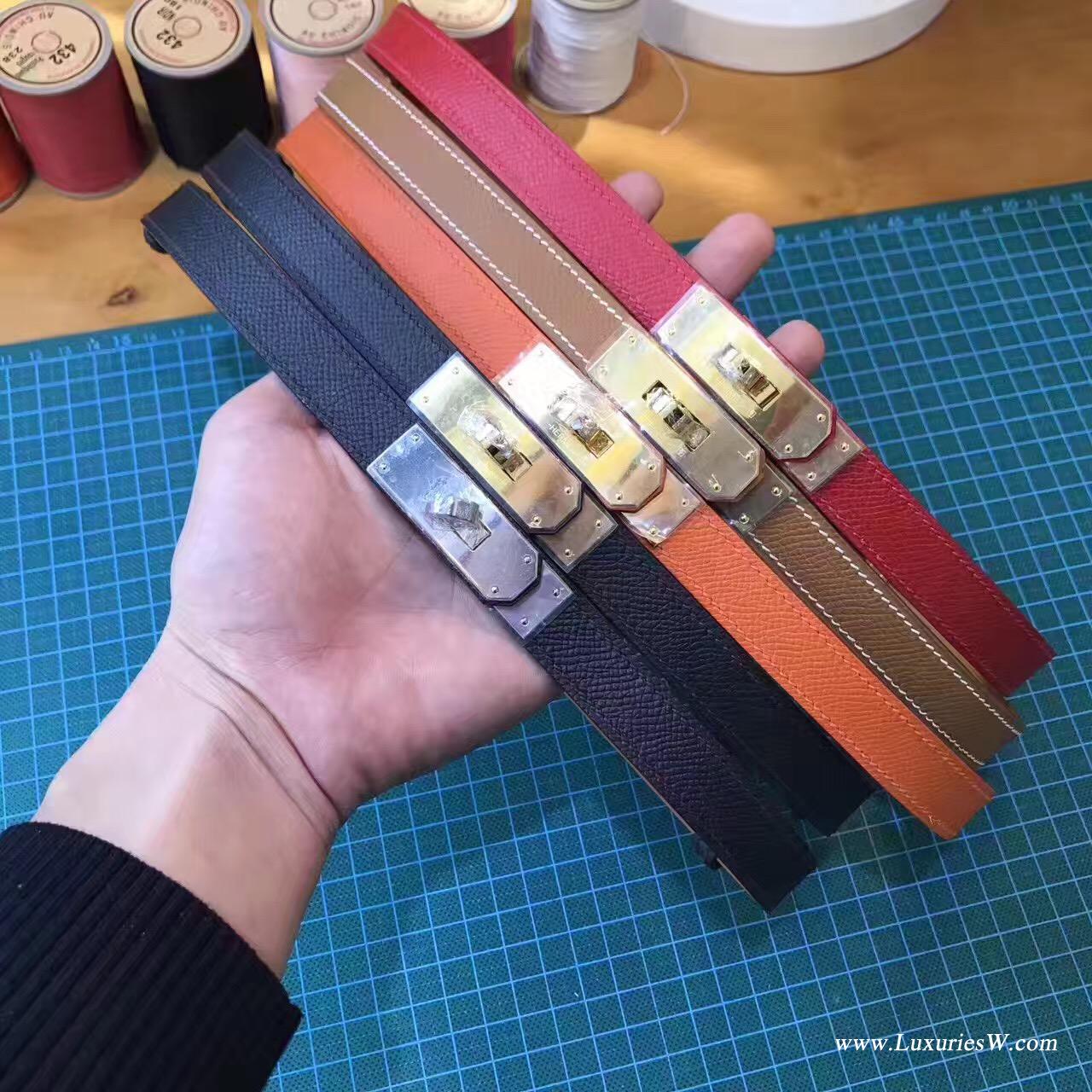 纯手缝Hermes Kelly Belt Epsom 黑色腰带 金银色金属扣