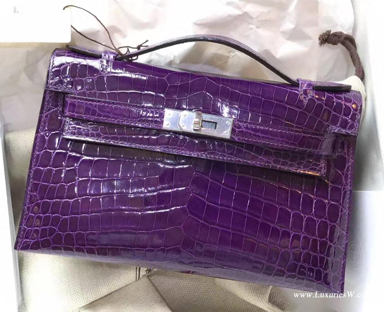 Hermes Mini Kelly鳄鱼宴会手包9G Amethyst紫水晶银扣