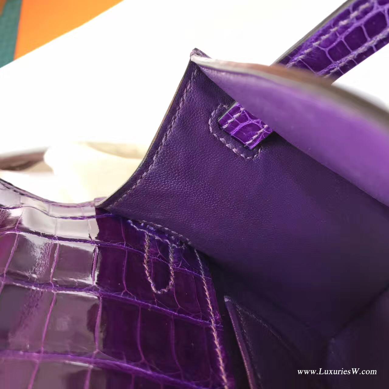 Hermes Mini Kelly鳄鱼宴会手包9G Amethyst紫水晶银扣