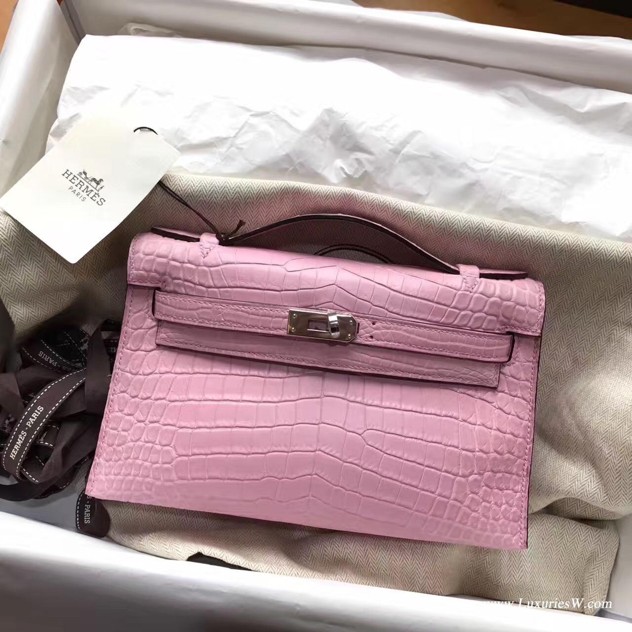 愛馬仕迷妳凱莉包 Hermes Mini Kelly Pochette鱷魚霧面5P Pink櫻花粉銀扣