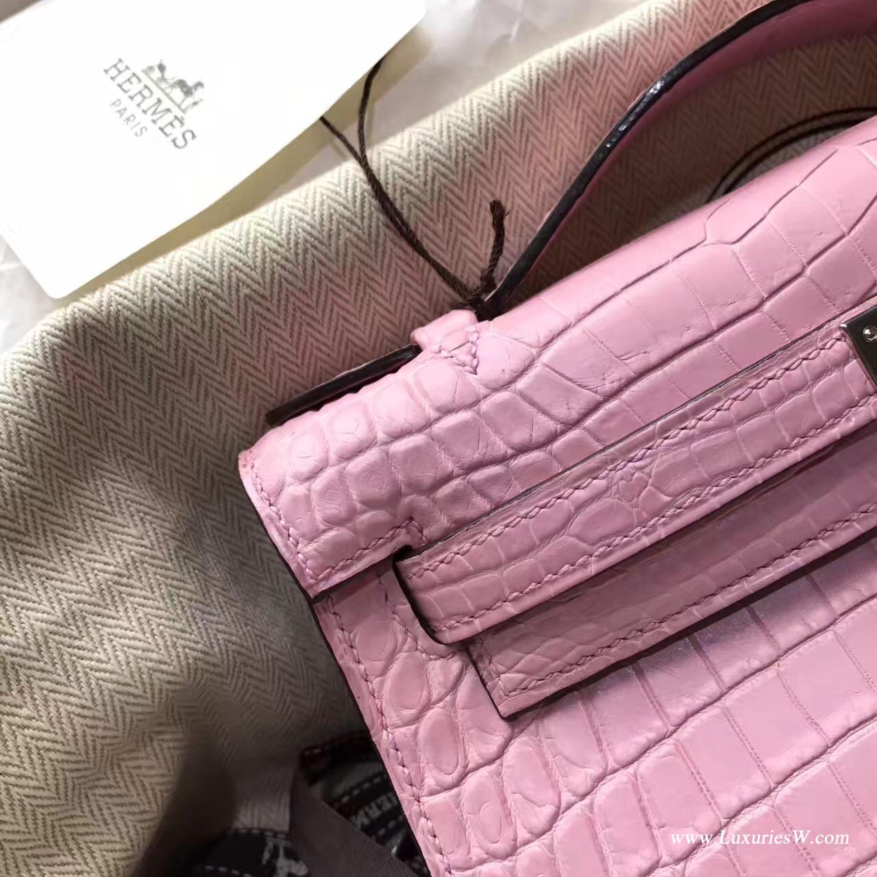 愛馬仕迷妳凱莉包 Hermes Mini Kelly Pochette鱷魚霧面5P Pink櫻花粉銀扣