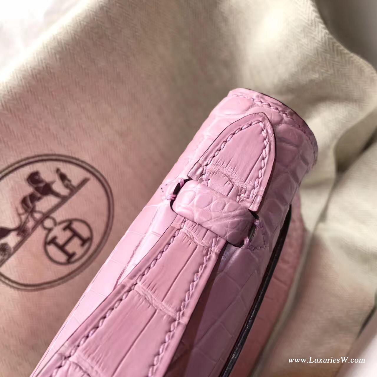 愛馬仕迷妳凱莉包 Hermes Mini Kelly Pochette鱷魚霧面5P Pink櫻花粉銀扣