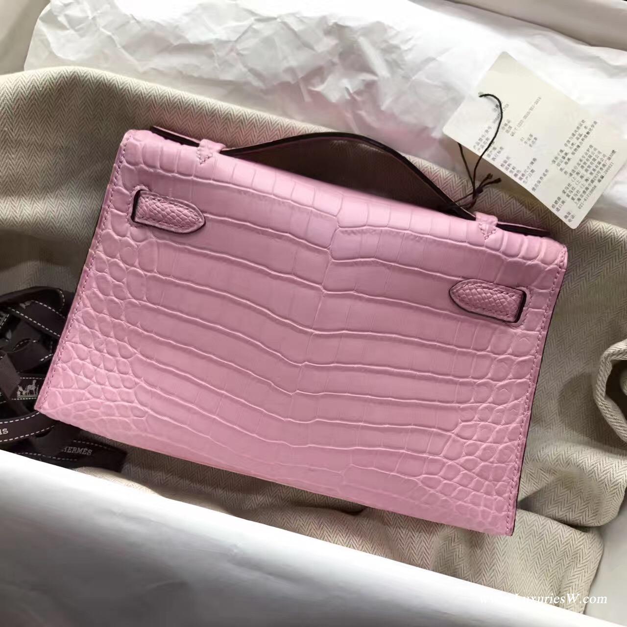 愛馬仕迷妳凱莉包 Hermes Mini Kelly Pochette鱷魚霧面5P Pink櫻花粉銀扣