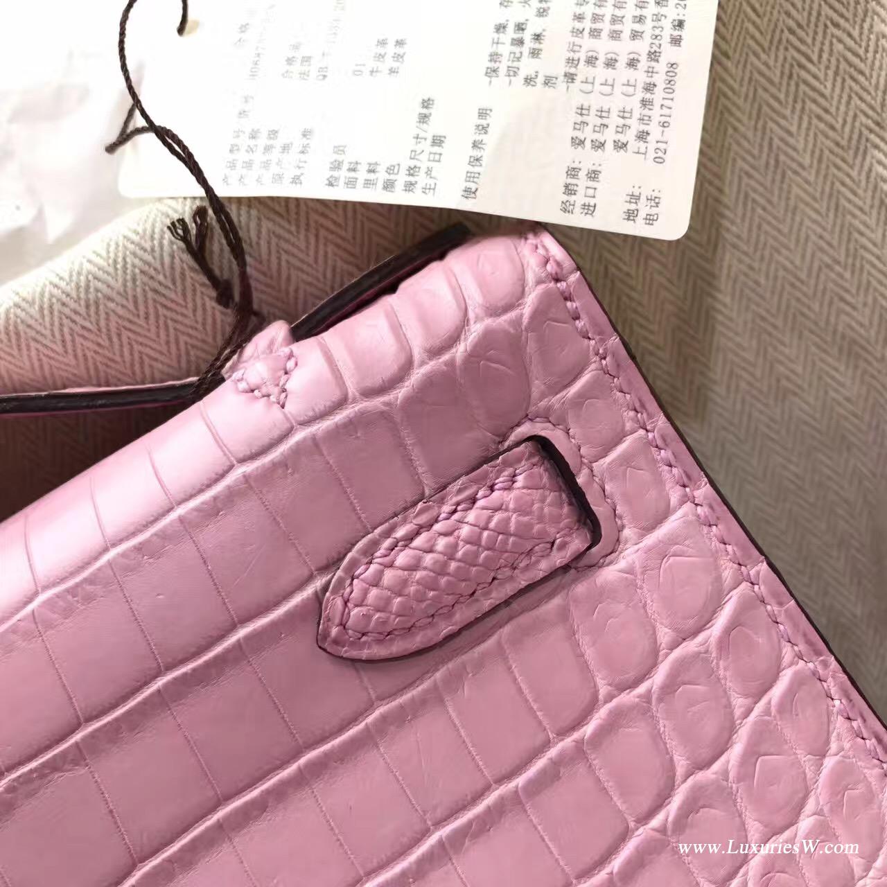 愛馬仕迷妳凱莉包 Hermes Mini Kelly Pochette鱷魚霧面5P Pink櫻花粉銀扣