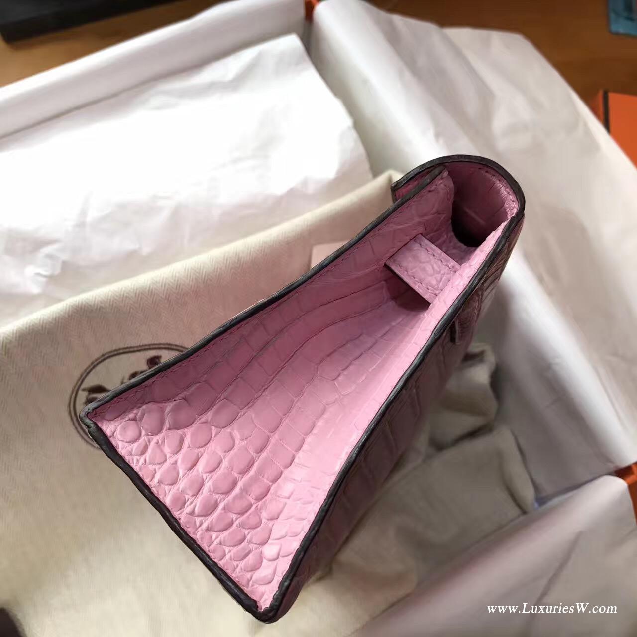 愛馬仕迷妳凱莉包 Hermes Mini Kelly Pochette鱷魚霧面5P Pink櫻花粉銀扣