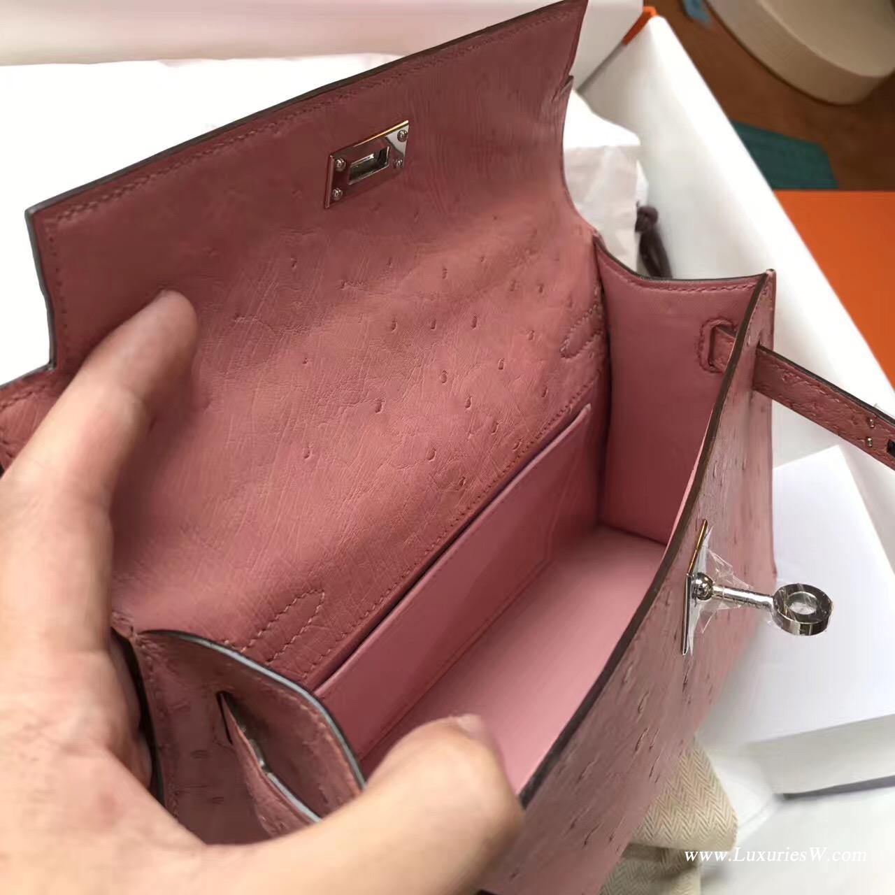 Hermes Mini Kelly鴕鳥CC94 Terre Cuite陶瓷粉最美的粉色 銀扣