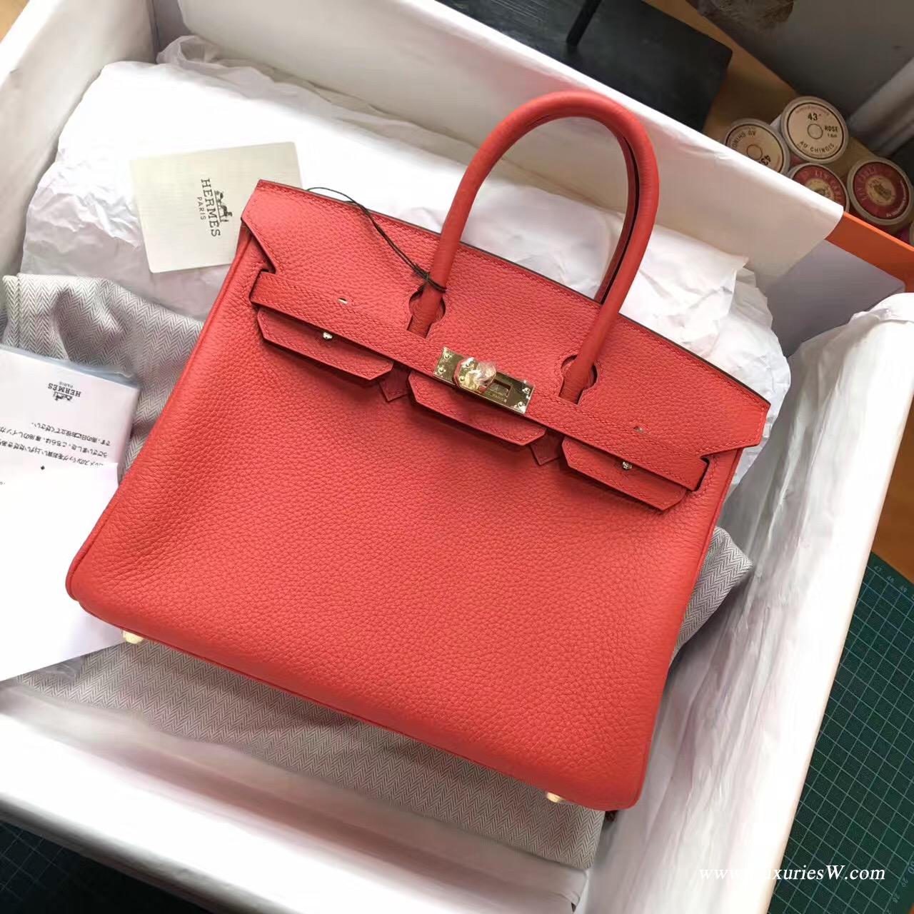 愛馬仕 鉑金包 Birkin 25 togo 9J火焰橙 PHW 金扣