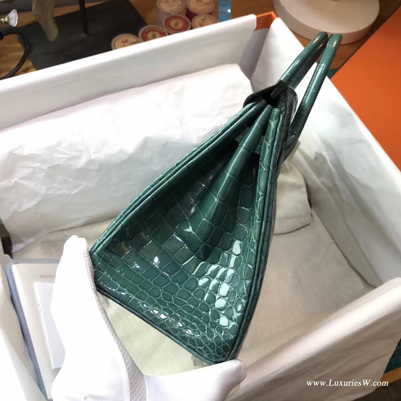 愛馬仕鉑金包Hermes Birkin 25 鱷魚光面野生倒V 2Q 英國綠Vert Anglais