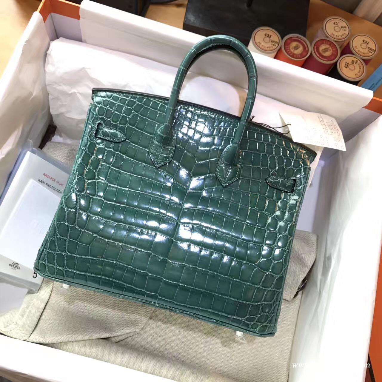 愛馬仕鉑金包Hermes Birkin 25 鱷魚光面野生倒V 2Q 英國綠Vert Anglais