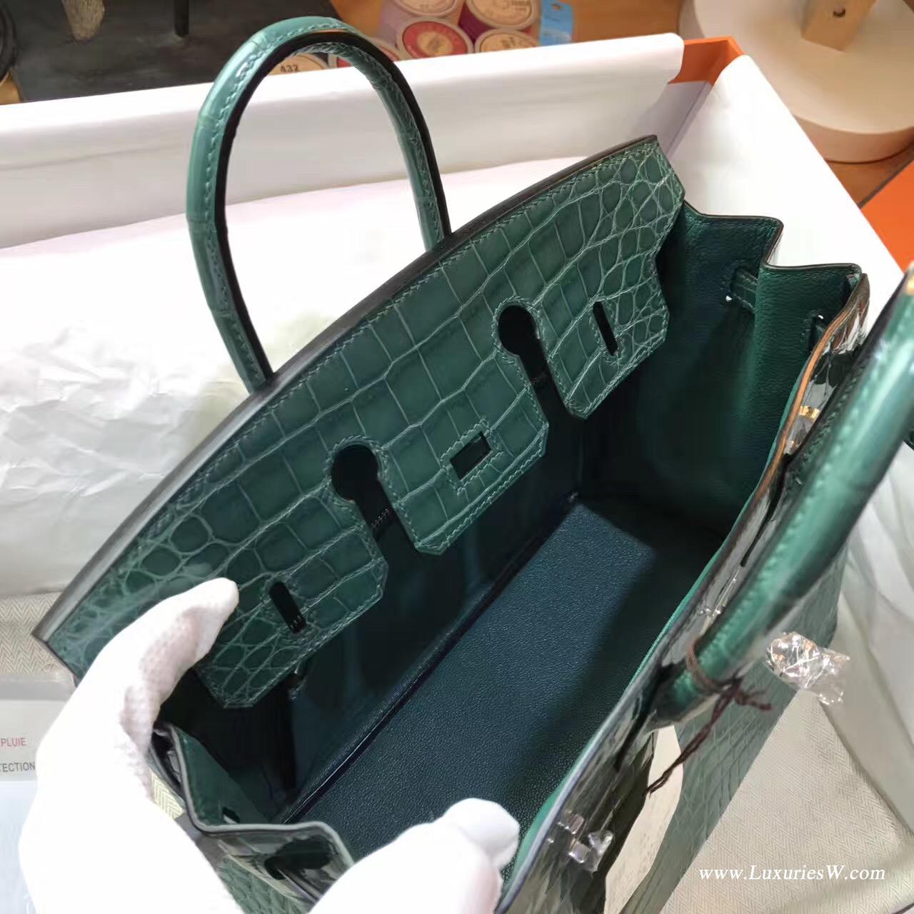 愛馬仕鉑金包Hermes Birkin 25 鱷魚光面野生倒V 2Q 英國綠Vert Anglais