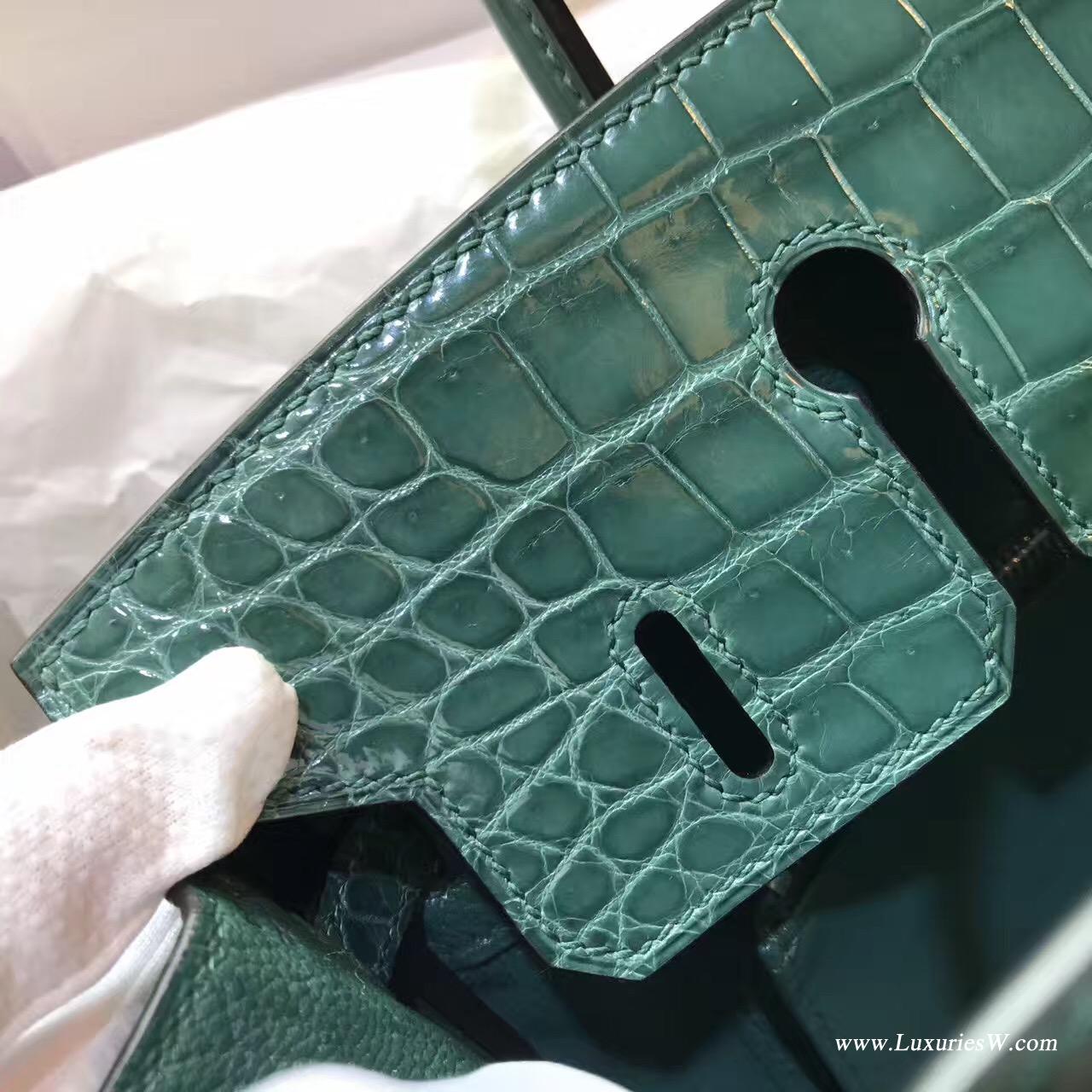 愛馬仕鉑金包Hermes Birkin 25 鱷魚光面野生倒V 2Q 英國綠Vert Anglais