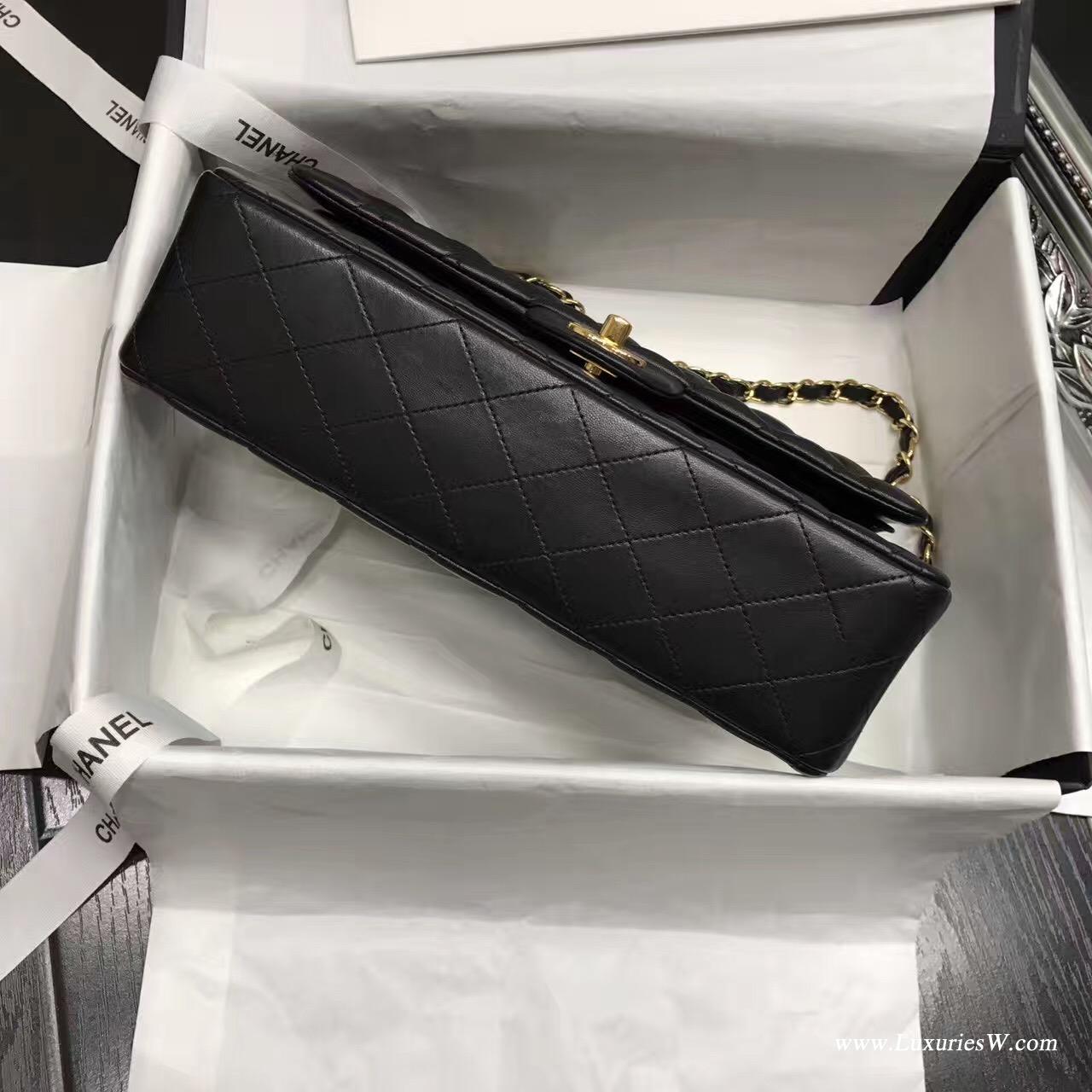 Classic Flap Bag 黑與酒紅A01112菱格鏈條經典口蓋包小羊皮 金色金屬