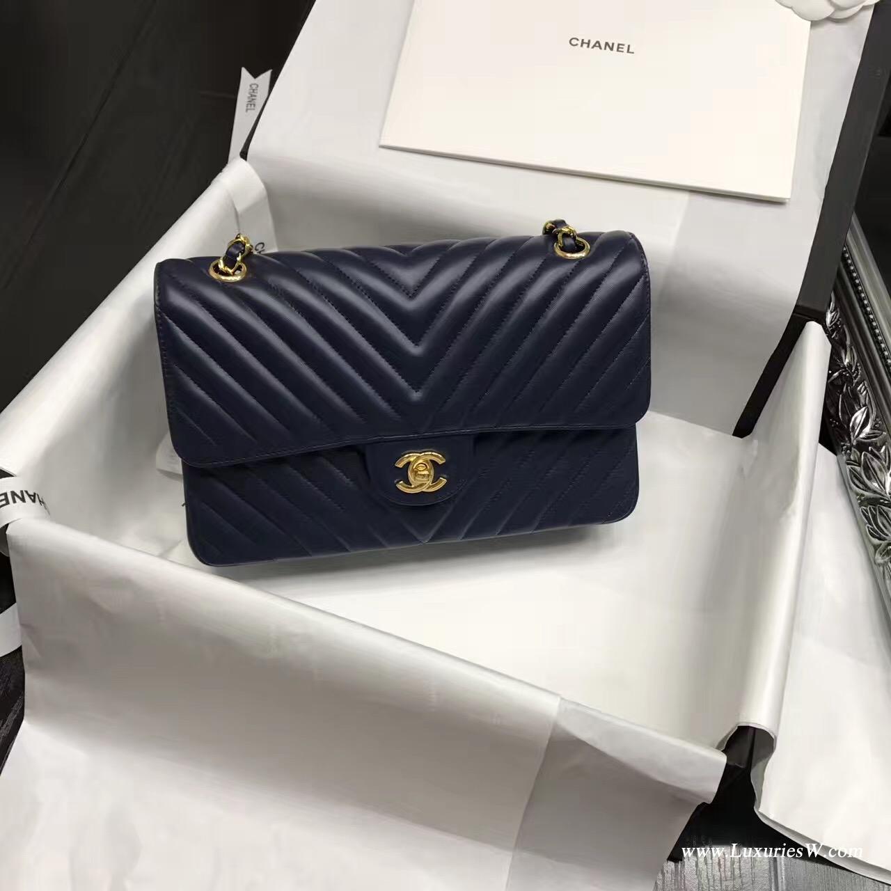 小香Classic Flap Bag 海军蓝色V型 A01112菱格鏈條經典口蓋包羊皮