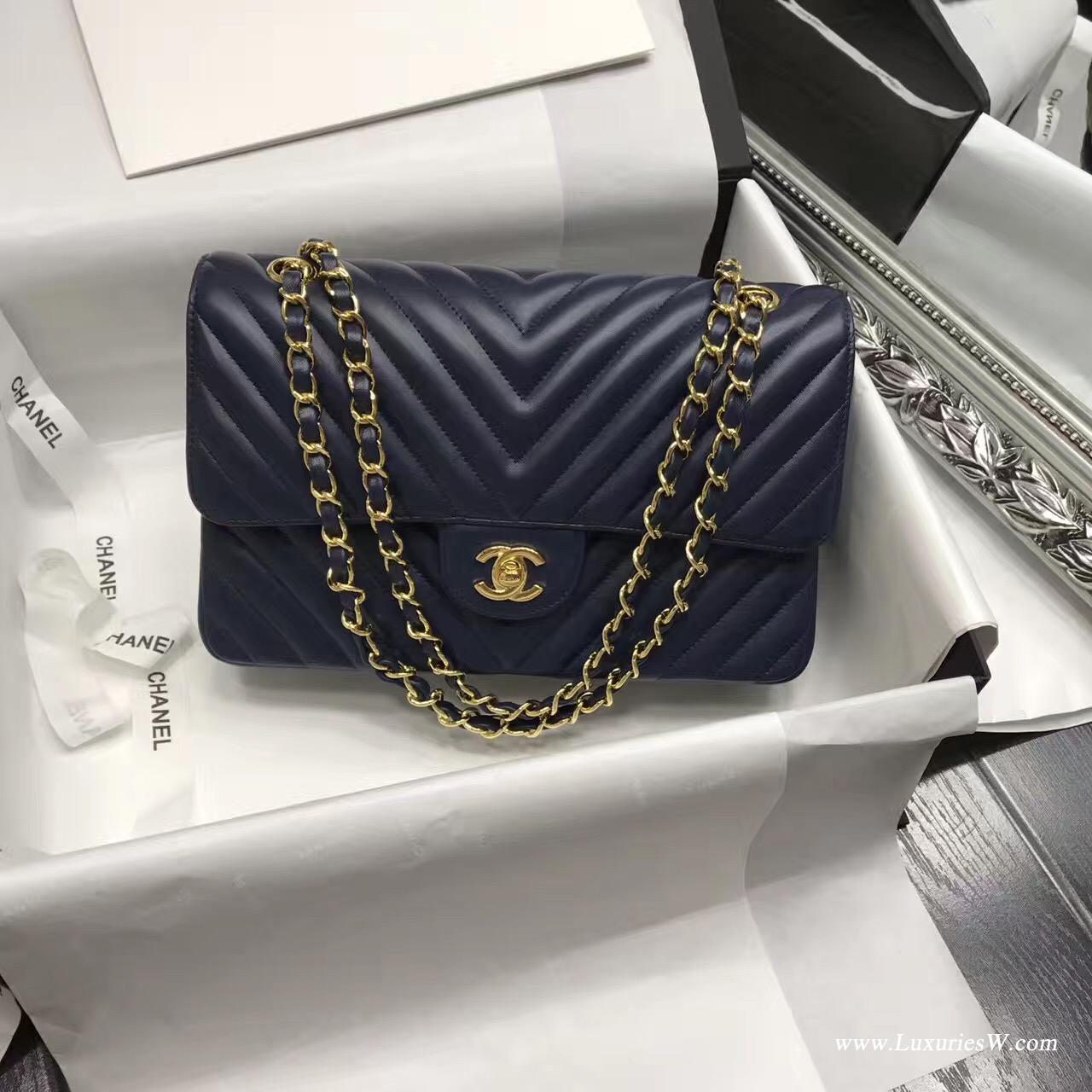 小香Classic Flap Bag 海军蓝色V型 A01112菱格鏈條經典口蓋包羊皮