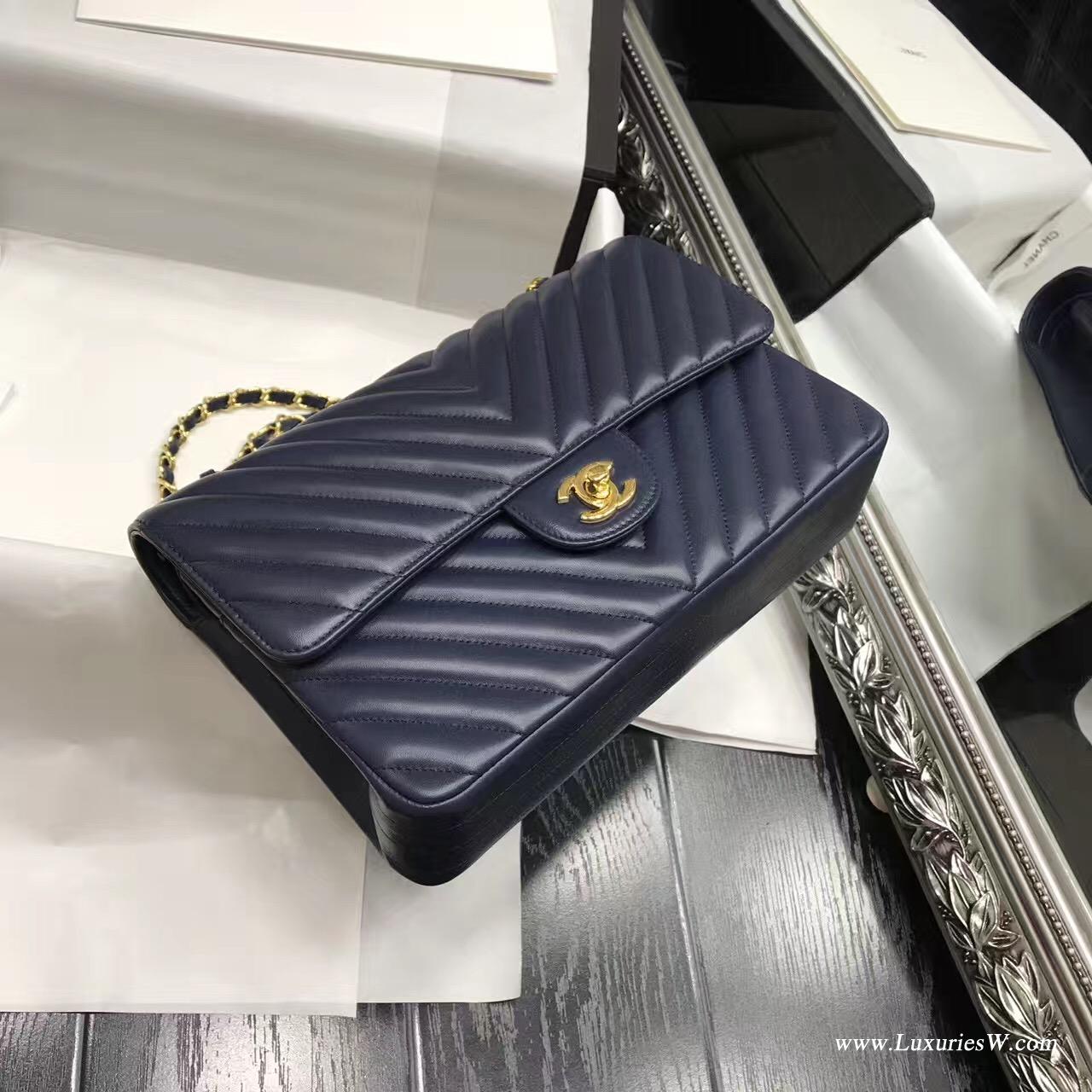 小香Classic Flap Bag 海军蓝色V型 A01112菱格鏈條經典口蓋包羊皮