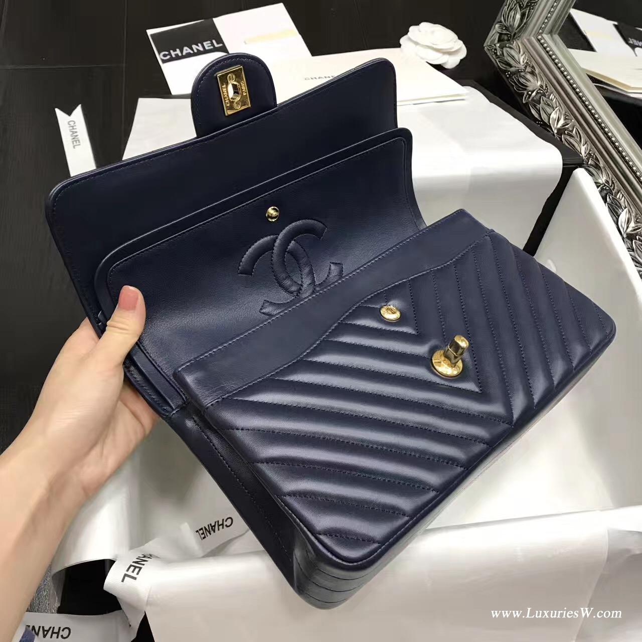 小香Classic Flap Bag 海军蓝色V型 A01112菱格鏈條經典口蓋包羊皮