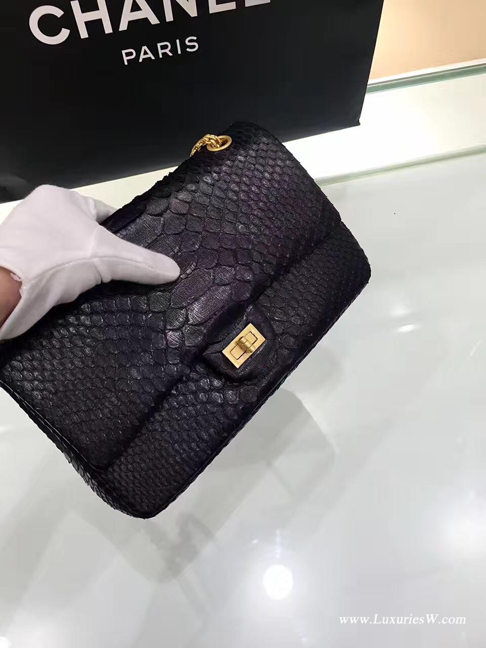 小香Large 2.55 handbag大號 口蓋包復古五金黑色真蟒蛇皮 內里小羊皮