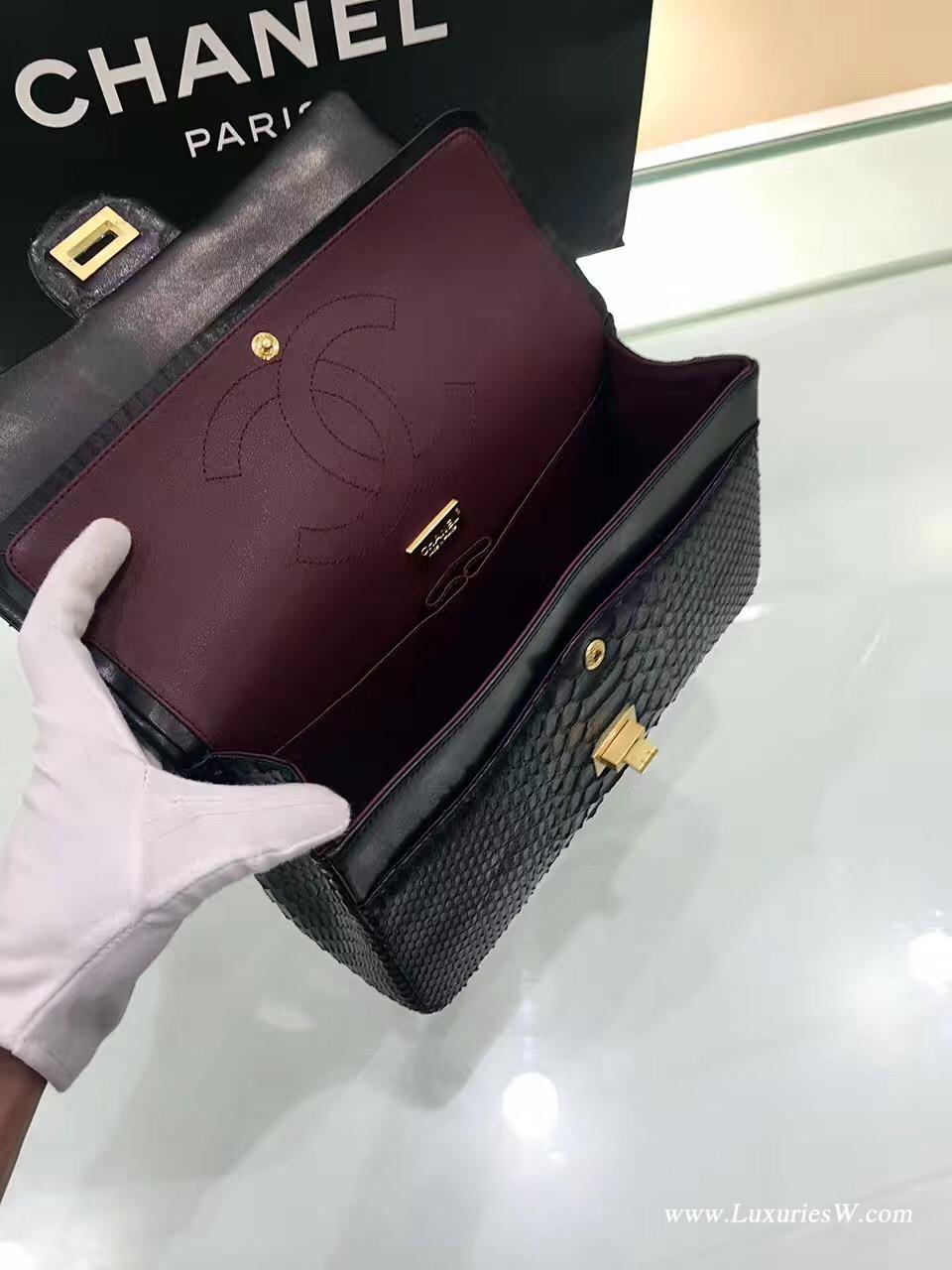 小香Large 2.55 handbag大號 口蓋包復古五金黑色真蟒蛇皮 內里小羊皮