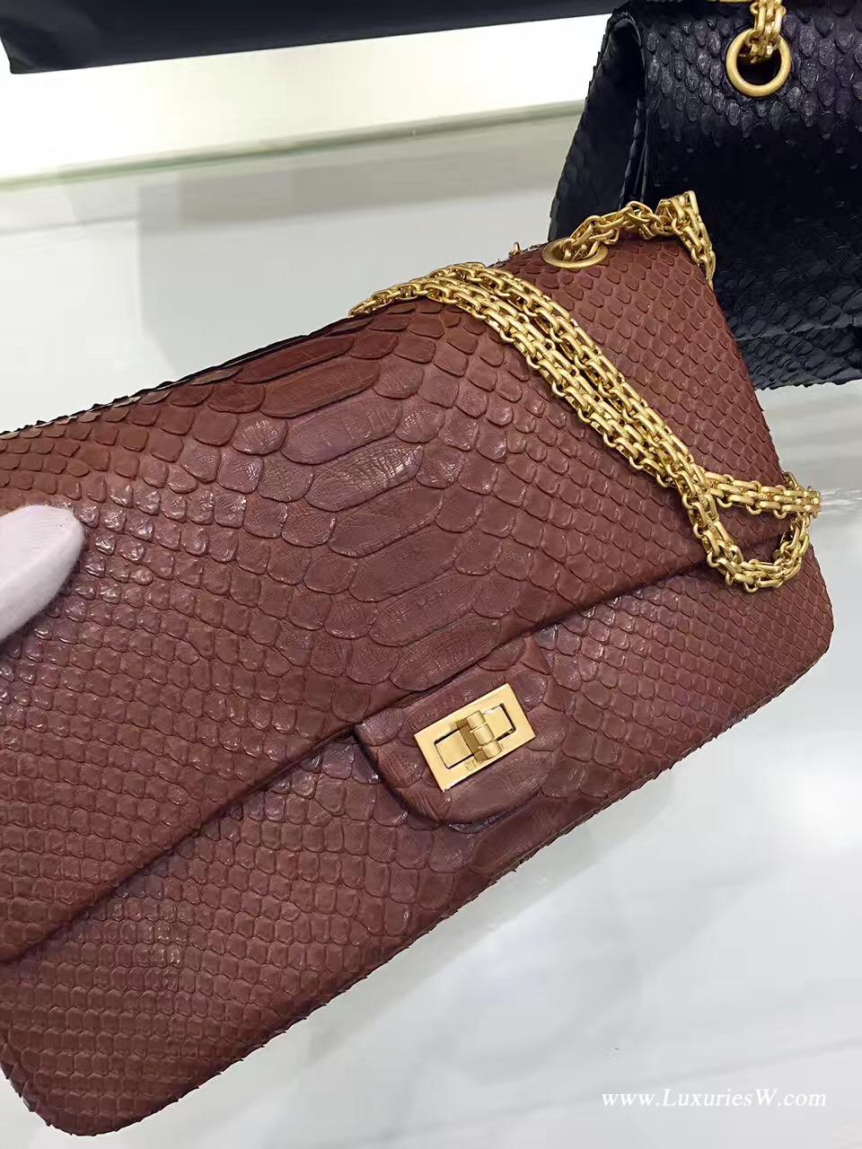 小香經典款女包大號Large 2.55 handbag口蓋包復古五金 咖啡真蟒蛇皮