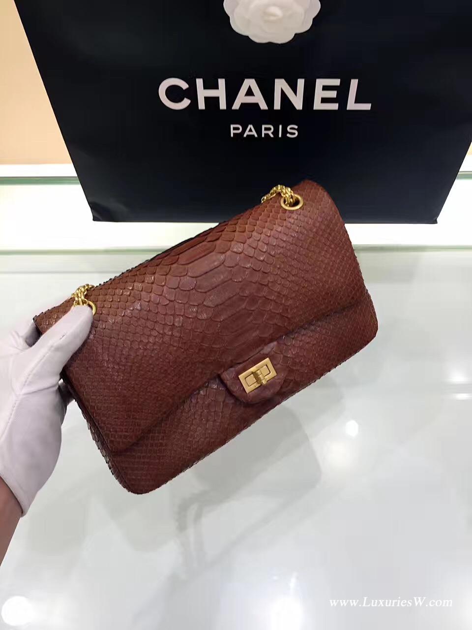 小香經典款女包大號Large 2.55 handbag口蓋包復古五金 咖啡真蟒蛇皮