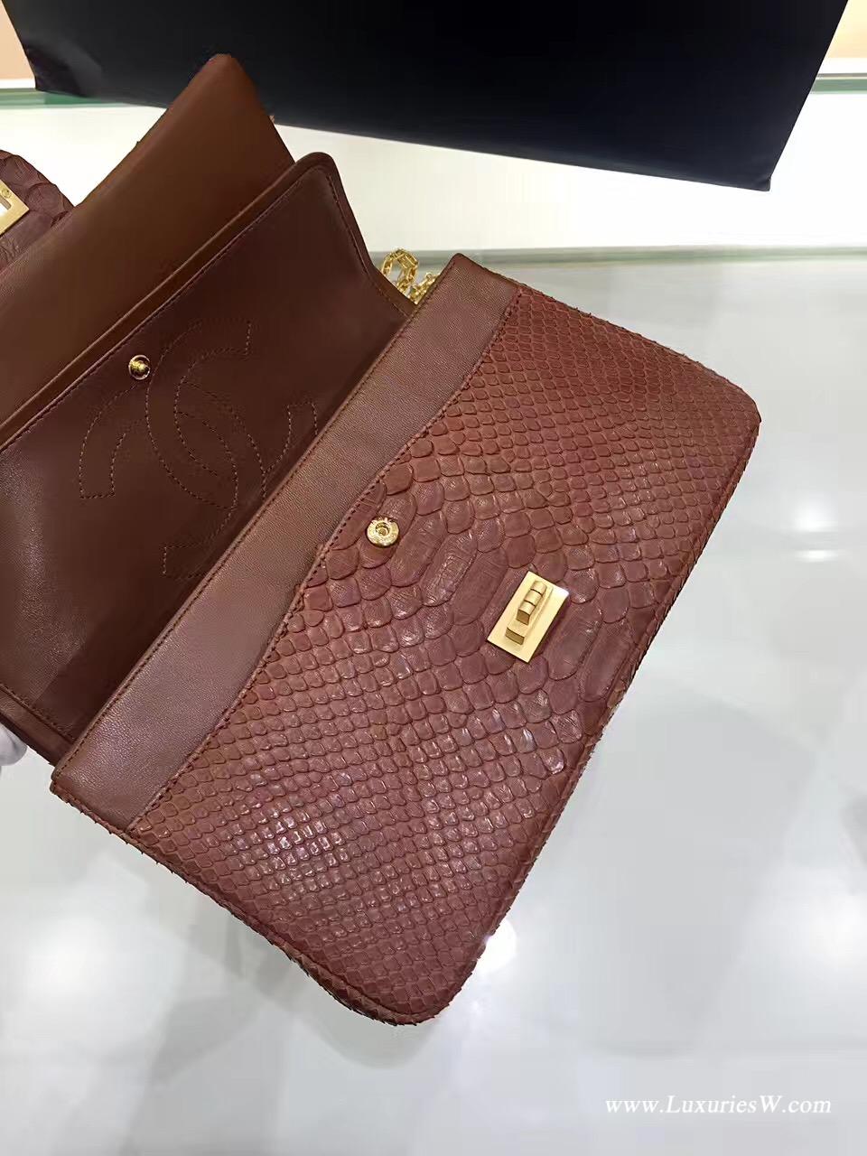 小香經典款女包大號Large 2.55 handbag口蓋包復古五金 咖啡真蟒蛇皮