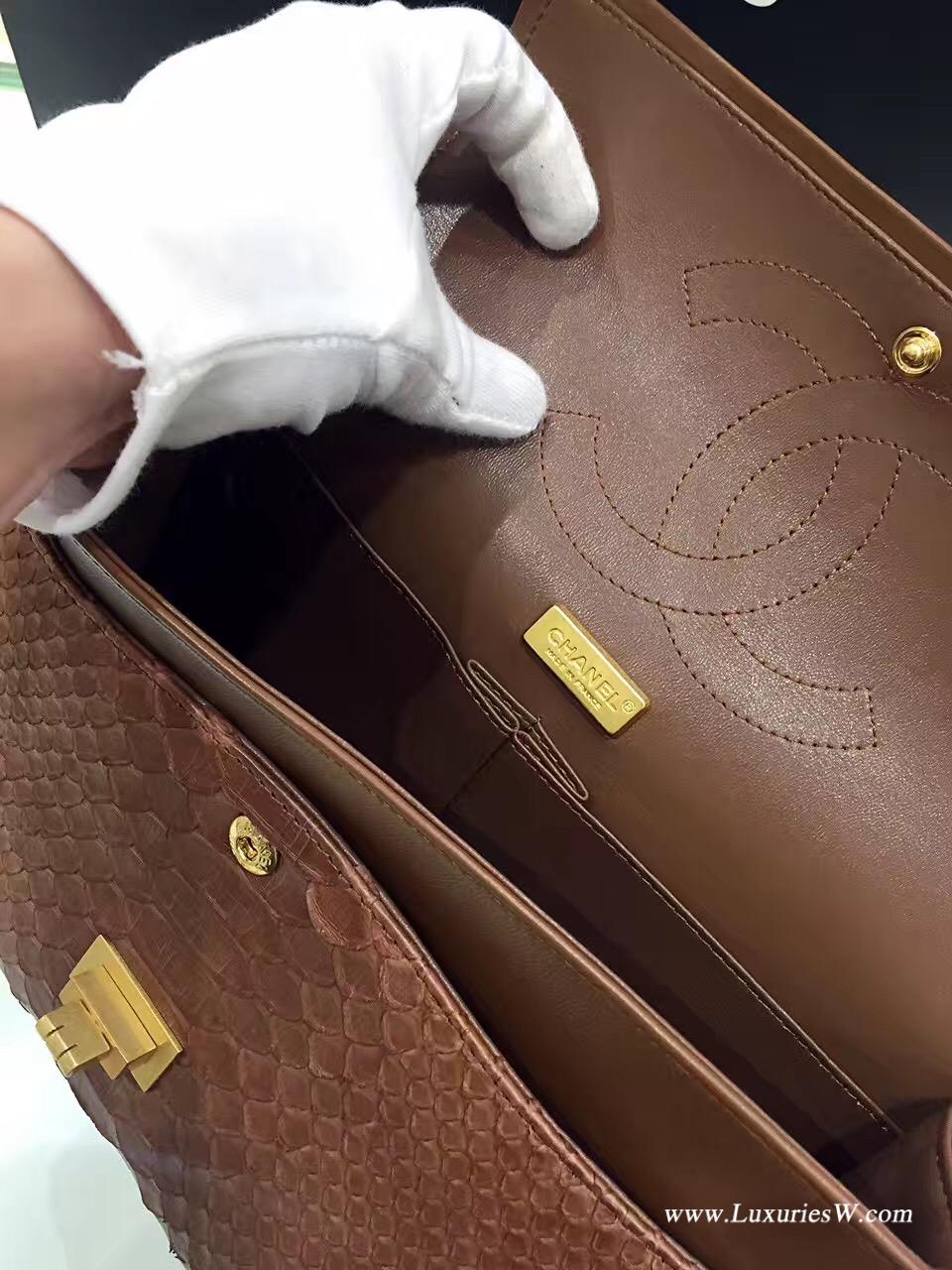 小香經典款女包大號Large 2.55 handbag口蓋包復古五金 咖啡真蟒蛇皮