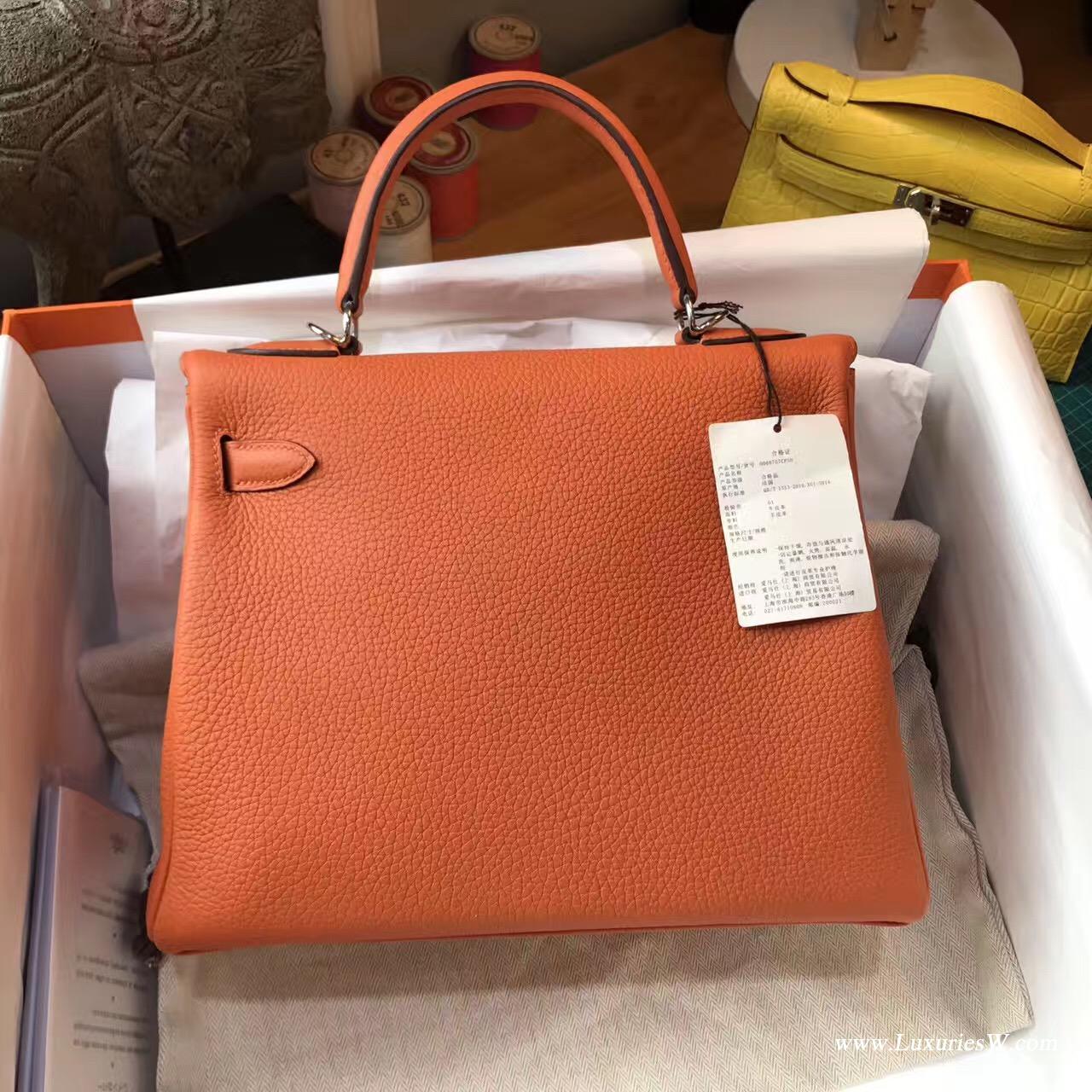 愛馬仕Hermes Kelly 凱莉包 28cm Togo CK93 Orange經典橙银扣