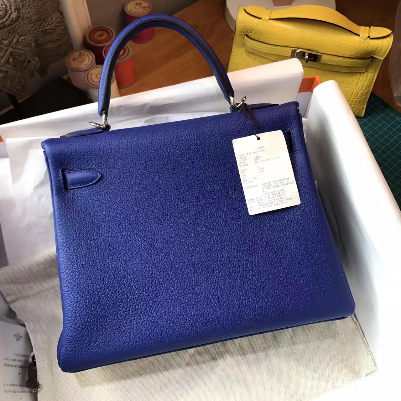 愛馬仕凱莉包Hermes Kelly 32cm Togo 7T Blue Electric電光藍银扣