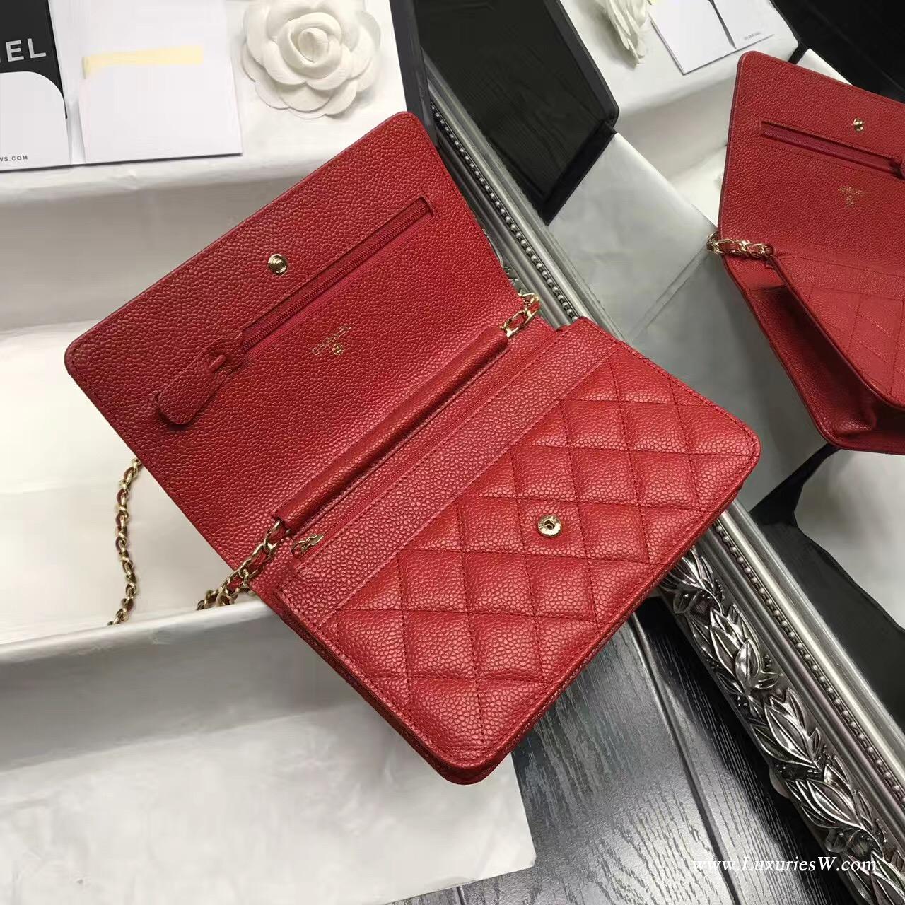 Wallet On Chain鱼子酱经典款红色 金色五金19cm