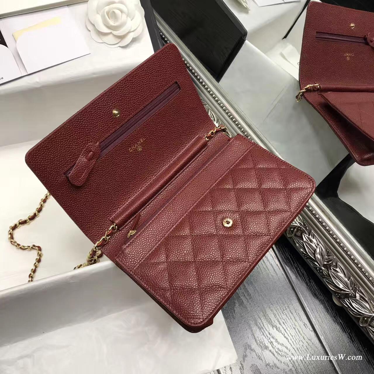 Wallet On Chain魚子醬經典款酒紅色 金色五金