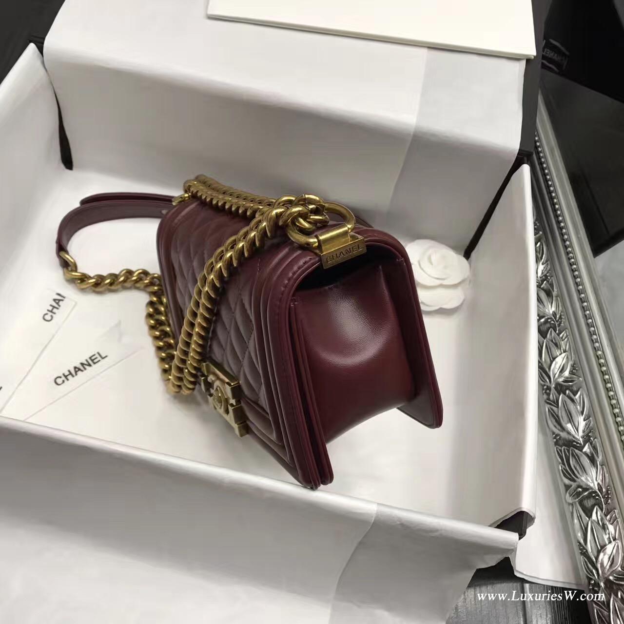 小香Leboy bag小號MINI 20CM 口蓋包 枣红色 小羊皮金色金屬五金