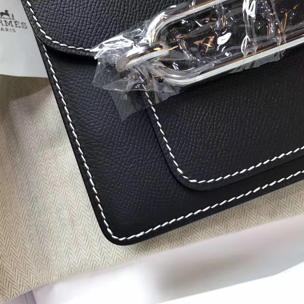愛馬仕豬鼻子包 Hermes Roulis Epsom CK89 Nior黑银 全手工蠟線縫製