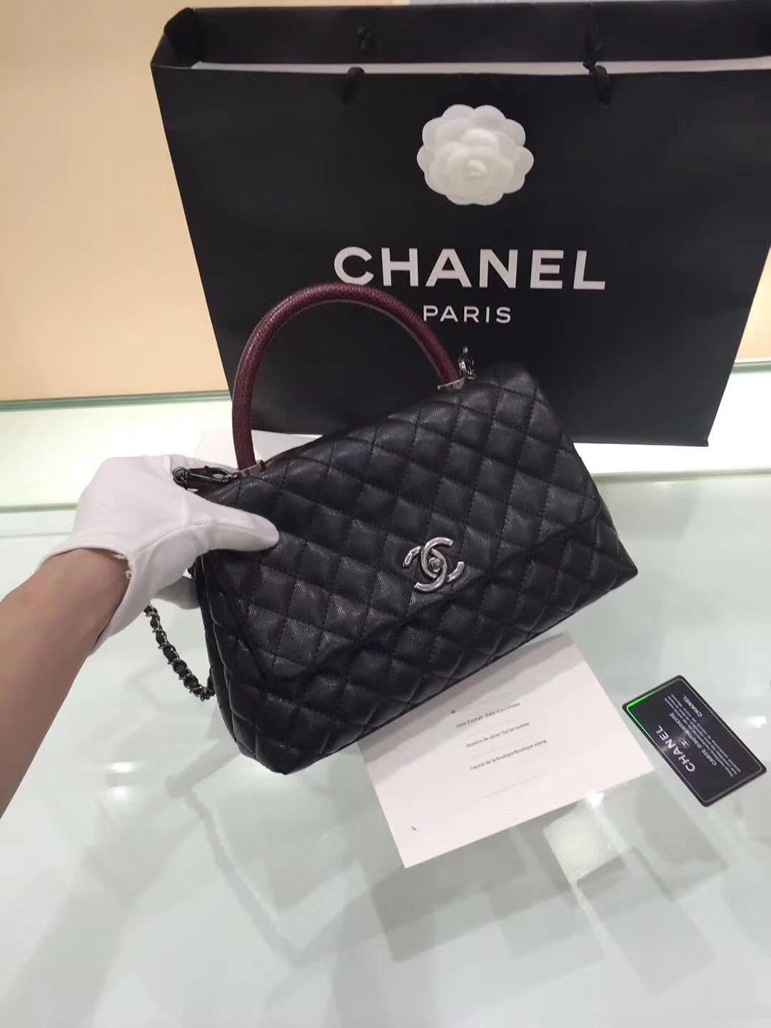小香手提包coco handle bag中號28cm 復古銀金屬黑色蜥蜴皮手柄手袋